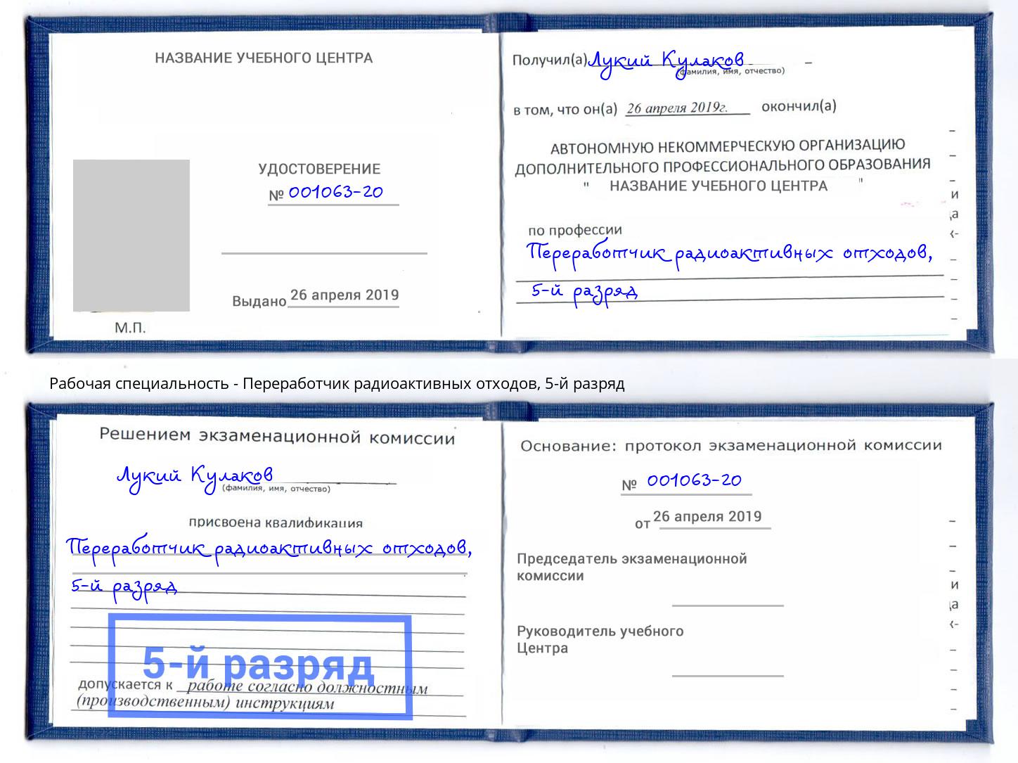 корочка 5-й разряд Переработчик радиоактивных отходов Ивантеевка