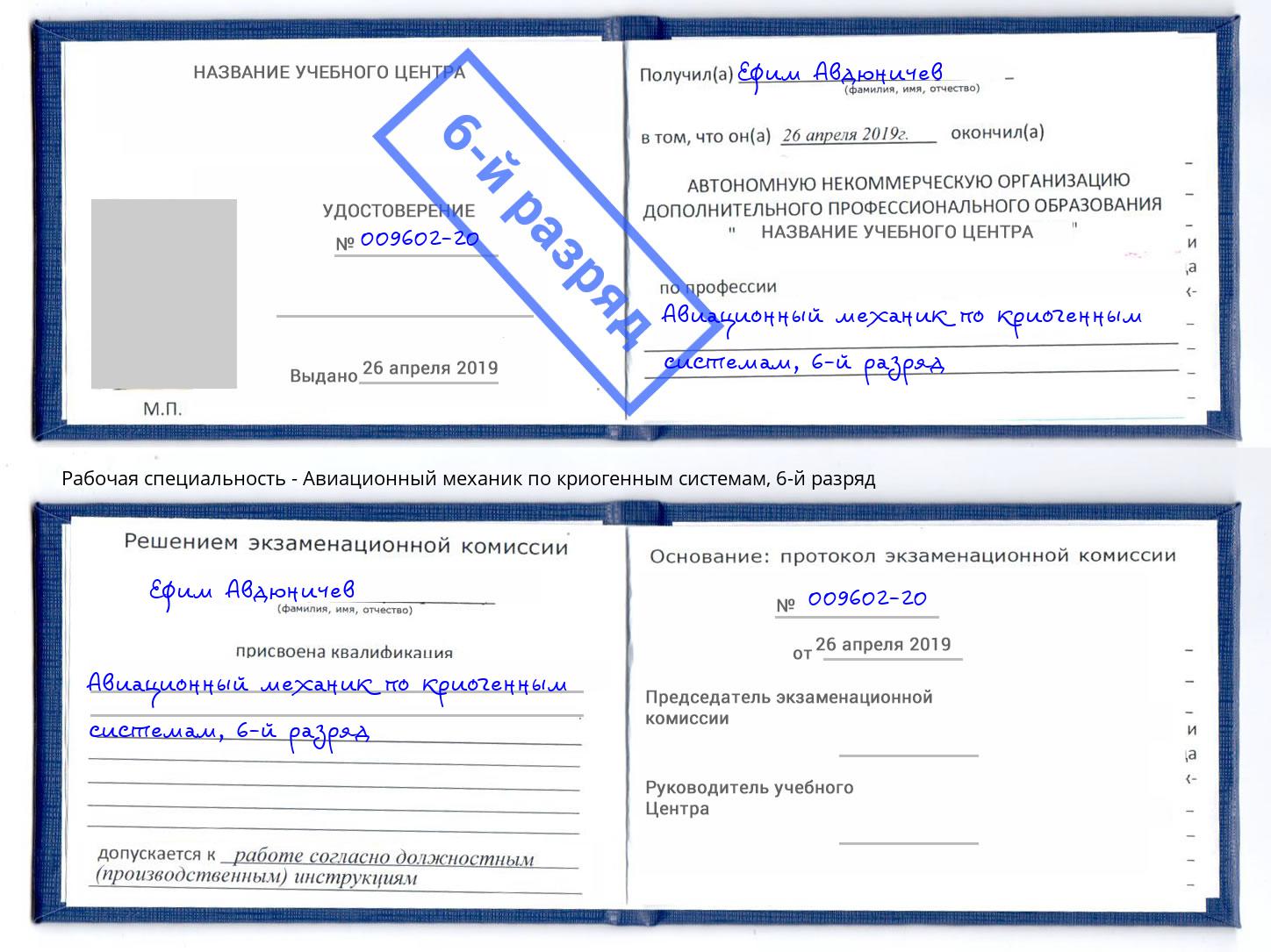 корочка 6-й разряд Авиационный механик по криогенным системам Ивантеевка