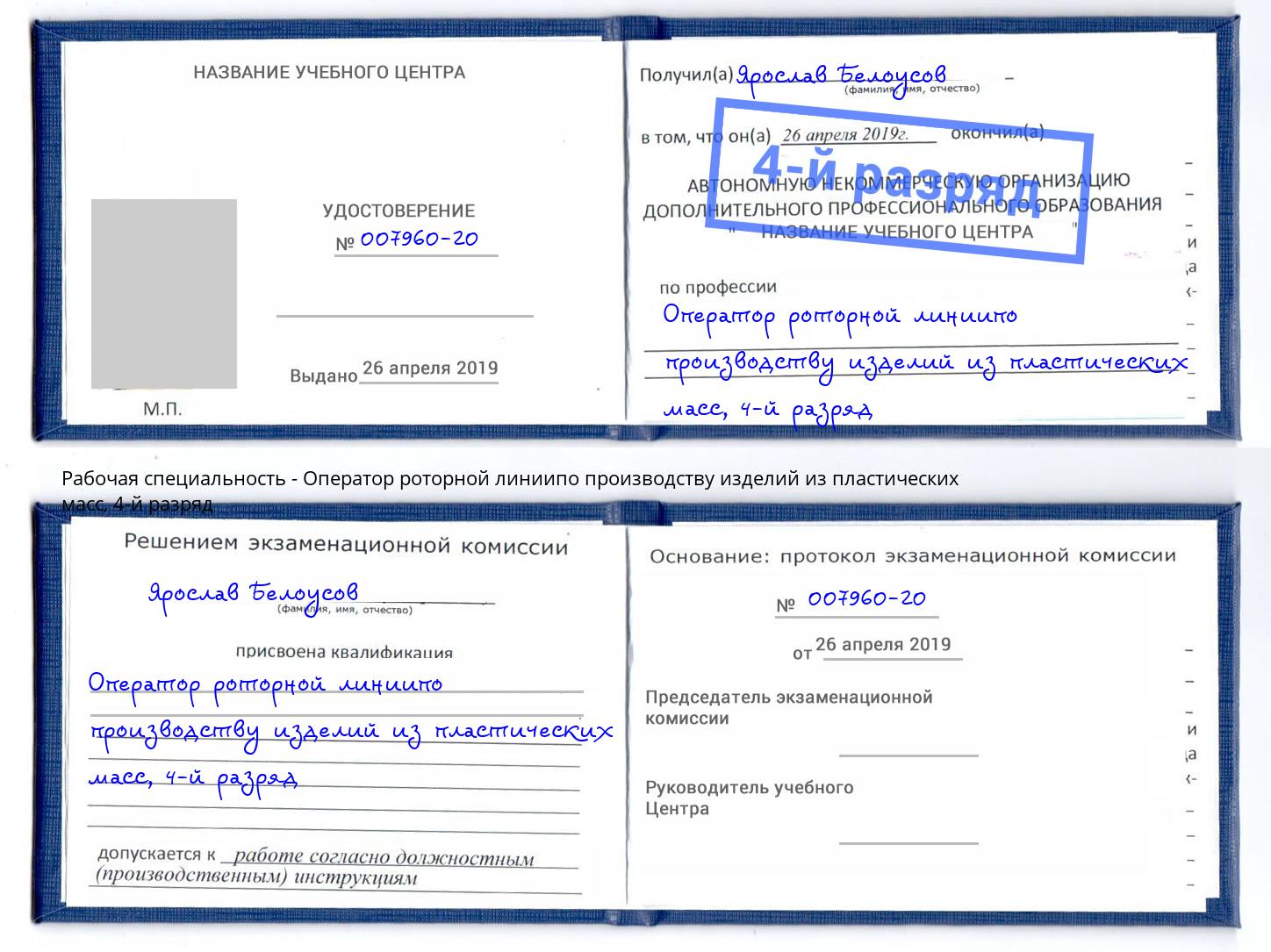 корочка 4-й разряд Оператор роторной линиипо производству изделий из пластических масс Ивантеевка