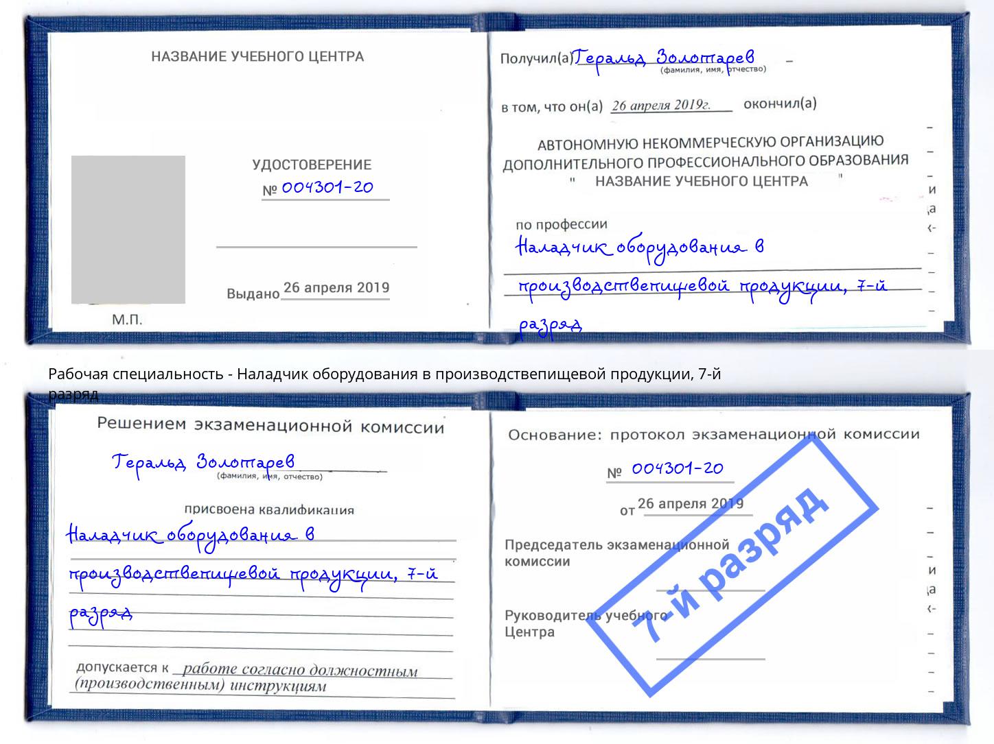 корочка 7-й разряд Наладчик оборудования в производствепищевой продукции Ивантеевка