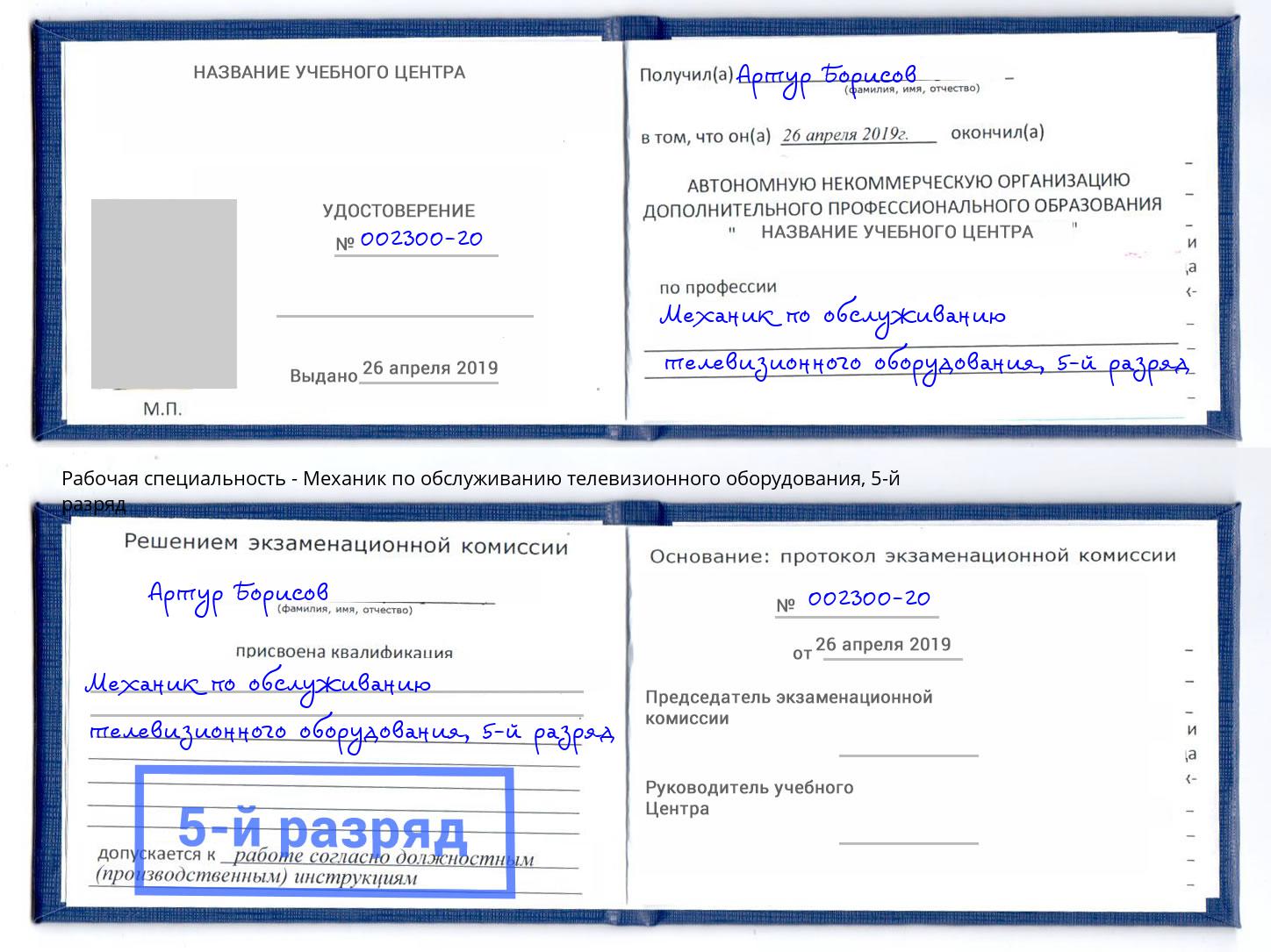 корочка 5-й разряд Механик по обслуживанию телевизионного оборудования Ивантеевка