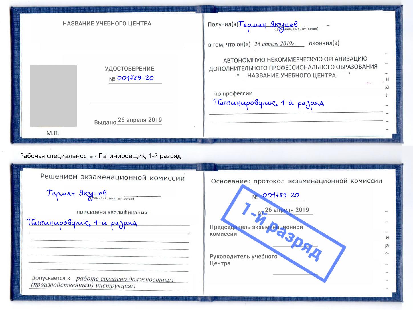 корочка 1-й разряд Патинировщик Ивантеевка